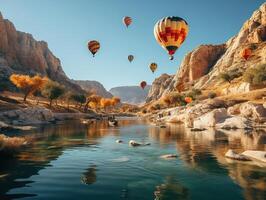AI generated hot air balloon in the mountains over the water Generative AI photo