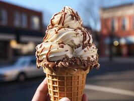 ai generado hielo crema con bayas y caramelo generativo ai foto