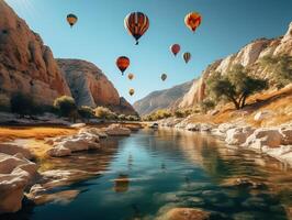 AI generated hot air balloon in the mountains over the water Generative AI photo