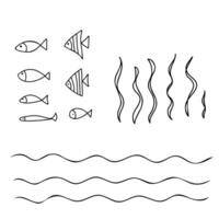 Set of underwater elements. Different fishes, seaweeds, laminaria algae and sea waves isolated . hand drawn illustration in doodle style. Marine underwater design elements. Summer sea art. vector