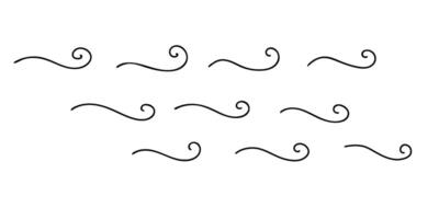 mar olas o aire fluir iconos mano dibujado rizado sencillo líneas. mar tormenta Escribiendo. ilustración en garabatear estilo aislado en blanco antecedentes. vector