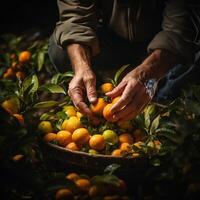 AI generated picking citrus close-up Generative AI photo
