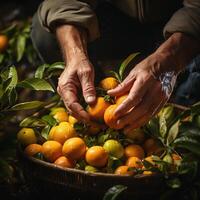 AI generated picking citrus close-up Generative AI photo