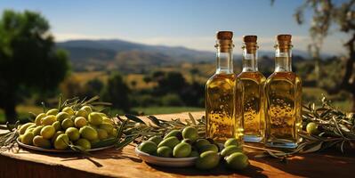 AI generated green olives and olive oil in glass bottles Generative AI photo