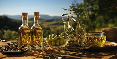 AI generated green olives and olive oil in glass bottles Generative AI photo