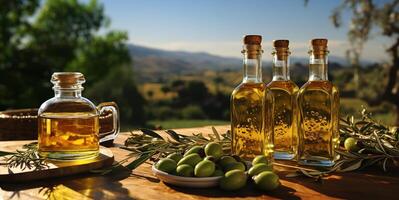 AI generated green olives and olive oil in glass bottles Generative AI photo