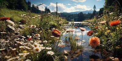 AI generated spring flowers by the stream Generative AI photo