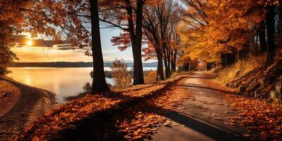 ai generado otoño paisaje con rojo y amarillo hojas, generativo ai foto