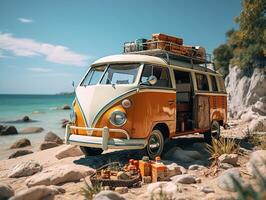 AI generated Summer vacation travel holiday van and beach accessors photo