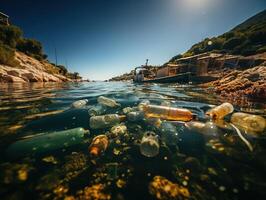 AI generated Environmental pollution water pollution plastic bottles packs Generative AI photo