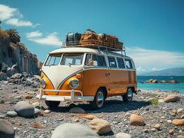 ai generado verano vacaciones viaje fiesta camioneta y playa accesores foto