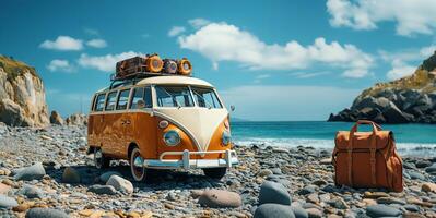ai generado verano vacaciones viaje fiesta camioneta y playa accesores foto