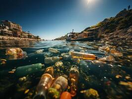 AI generated Environmental pollution water pollution plastic bottles packs Generative AI photo