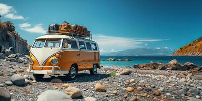 ai generado verano vacaciones viaje fiesta camioneta y playa accesores foto