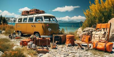AI generated Summer vacation travel holiday van and beach accessors photo