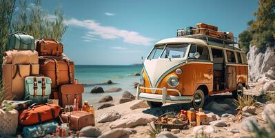 AI generated Summer vacation travel holiday van and beach accessors photo