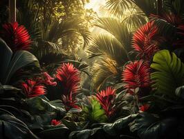 ai generado hermosa rojo selva de lozano palma hojas generativo ai foto