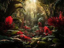 AI generated beautiful red jungle of lush palm leaves Generative AI photo