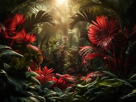 AI generated beautiful red jungle of lush palm leaves Generative AI photo