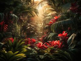 AI generated beautiful red jungle of lush palm leaves Generative AI photo