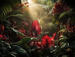 AI generated beautiful red jungle of lush palm leaves Generative AI photo