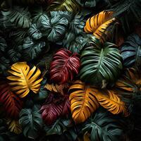 AI generated beautiful red green yellow jungle of lush palm leaves Generative AI photo
