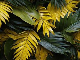 ai generado hermosa rojo verde amarillo selva de lozano palma hojas generativo ai foto