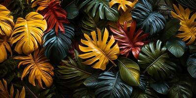 ai generado hermosa rojo verde amarillo selva de lozano palma hojas generativo ai foto