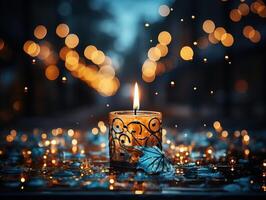 AI generated candles on abstract black background  with blurry lights Generative AI photo