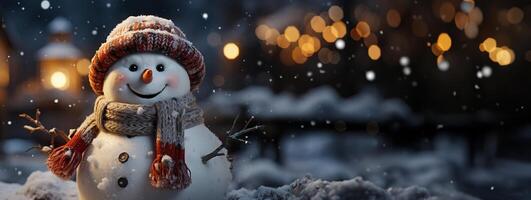 AI generated snowman on a blurred background bright lights postcard Generative AI photo