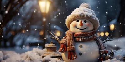 AI generated snowman on a blurred background bright lights postcard Generative AI photo