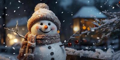 AI generated snowman on a blurred background bright lights postcard Generative AI photo