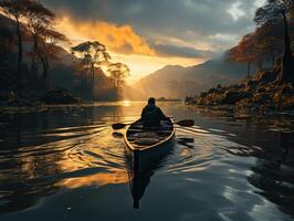 AI generated a man in a kayak floats along the river against the backdrop of mountains Generative AI photo