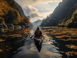 AI generated a man in a kayak floats along the river against the backdrop of mountains Generative AI photo