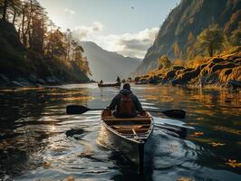 AI generated a man in a kayak floats along the river against the backdrop of mountains Generative AI photo