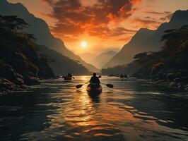 ai generado un hombre en un kayac flotadores a lo largo el río en contra el fondo de montañas generativo ai foto