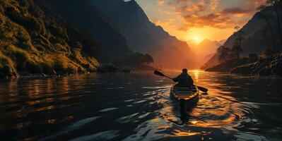 ai generado un hombre en un kayac flotadores a lo largo el río en contra el fondo de montañas generativo ai foto