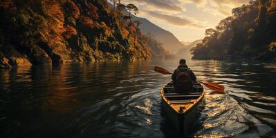 ai generado un hombre en un kayac flotadores a lo largo el río en contra el fondo de montañas generativo ai foto