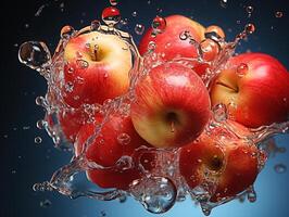 AI generated apples on branches splashing water dew Generative AI photo
