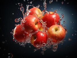 AI generated apples on branches splashing water dew Generative AI photo