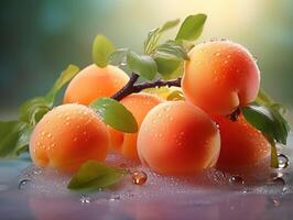 AI generated apricot fruits on branches in dew Generative AI photo