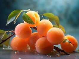 ai generado albaricoque frutas en ramas en Rocío generativo ai foto