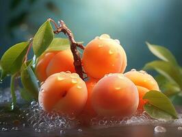 AI generated apricot fruits on branches in dew Generative AI photo