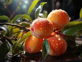 AI generated peaches on branches in dew Generative AI photo