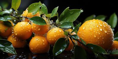 AI generated oranges on branches in dew Generative AI photo