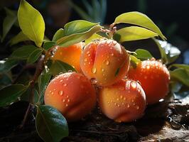 AI generated peaches on branches in dew Generative AI photo