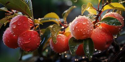 AI generated peaches on branches in dew Generative AI photo