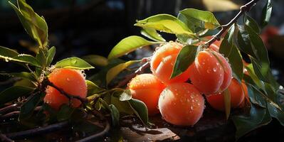 AI generated peaches on branches in dew Generative AI photo