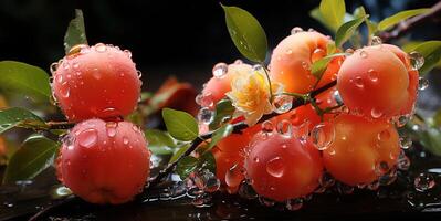 AI generated peaches on branches in dew Generative AI photo