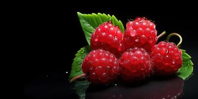 AI generated raspberries on the branches in the dew Generative AI photo